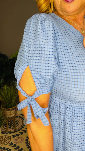 You Have My Attention Blue Gingham Tiered Midi Dress