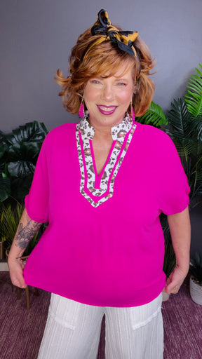 Just Feels Like Me Rose Red Dolman Leopard Trim Top