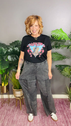 Everyday Comfort Wear Black Mineral Wash Tiered Wide Leg Pants