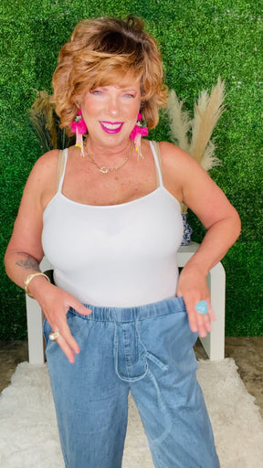On The Scene Ruffled Hem Wide Leg Chambray Pants