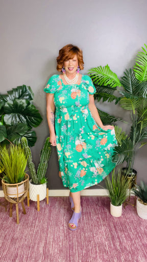 Garden Stroll Floral Print Smocked Tiered Midi Dress