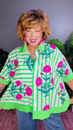 Dashing Darling Green Floral Stripe Top