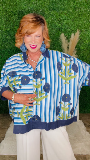 Dashing Darling Blue Floral Stripe Top