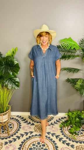 Antique Charm Stone Washed Denim Midi Dress