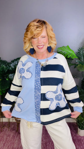 Flower Kissed Patchwork Striped Sweatshirt