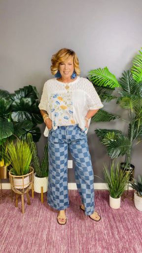 Look In Check Denim Wide Leg Jeans