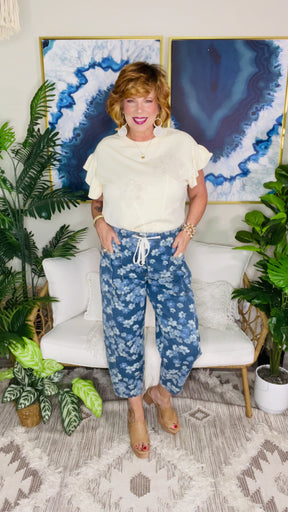 Boho Living Floral Printed Drawstring Barrel Jeans