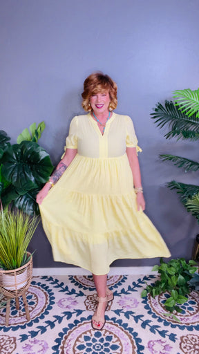 You Have My Attention Yellow Gingham Tiered Midi Dress