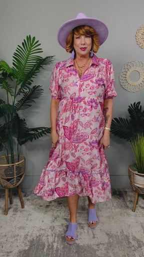 Pink It Over Ruffled Hem Floral Paisley Midi Dress Plus