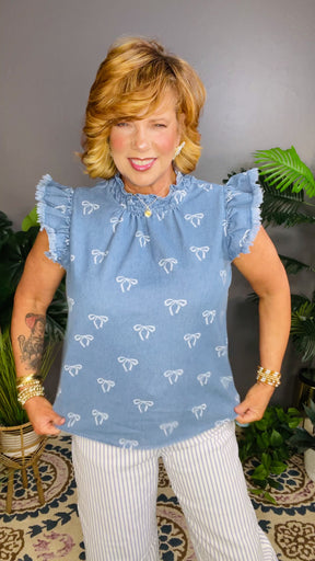Darling Dreamer Flutter Sleeve Denim Bow Top
