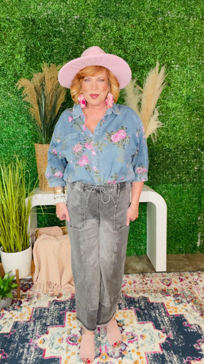 Worth Your While Gray Drawstring Wide Leg Denim Pant