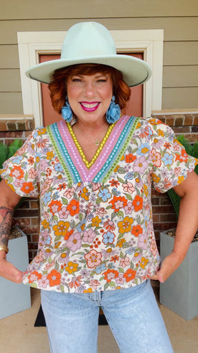 Sunshine Blooms Puff Sleeve Boho Flower Top