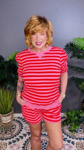 Girl On The Go Red Stripe Top And Shorts Set