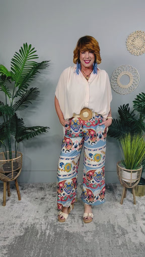 Boho Flow Blue Wide Leg Border Print Pants