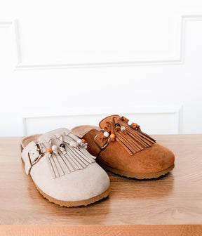 Sadie Western Fringe Beaded Flat Mules in Cream