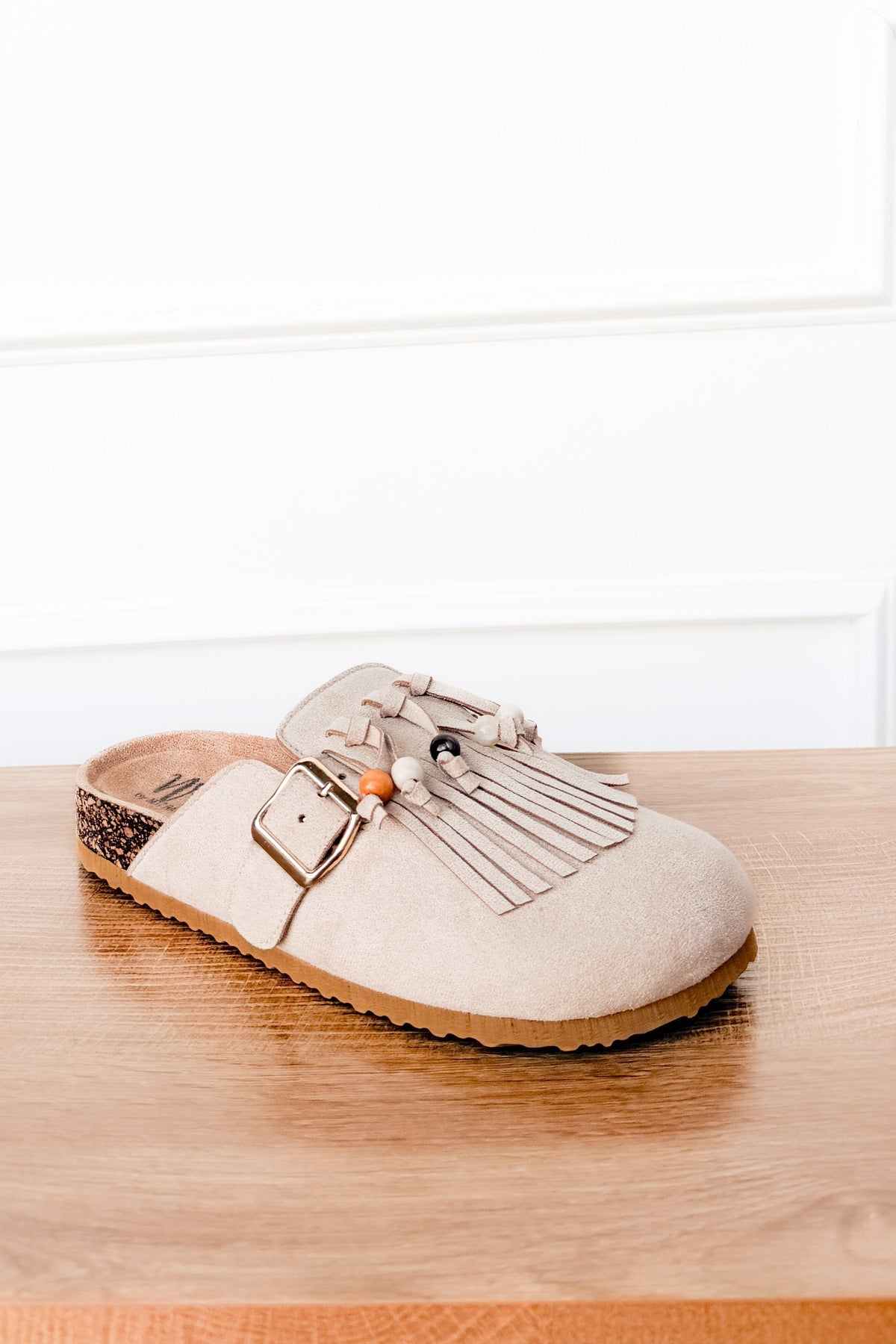 Sadie Western Fringe Beaded Flat Mules in Cream