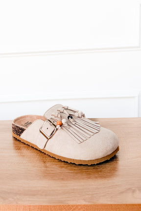 Sadie Western Fringe Beaded Flat Mules in Cream