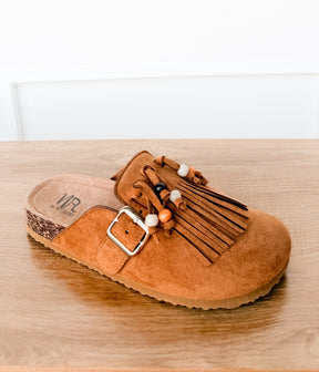 Sadie Western Fringe Beaded Flat Mules in Tan