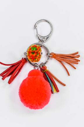 Pink Pom Pom/Multi Leather Tassel Keychain - KEY1064PK