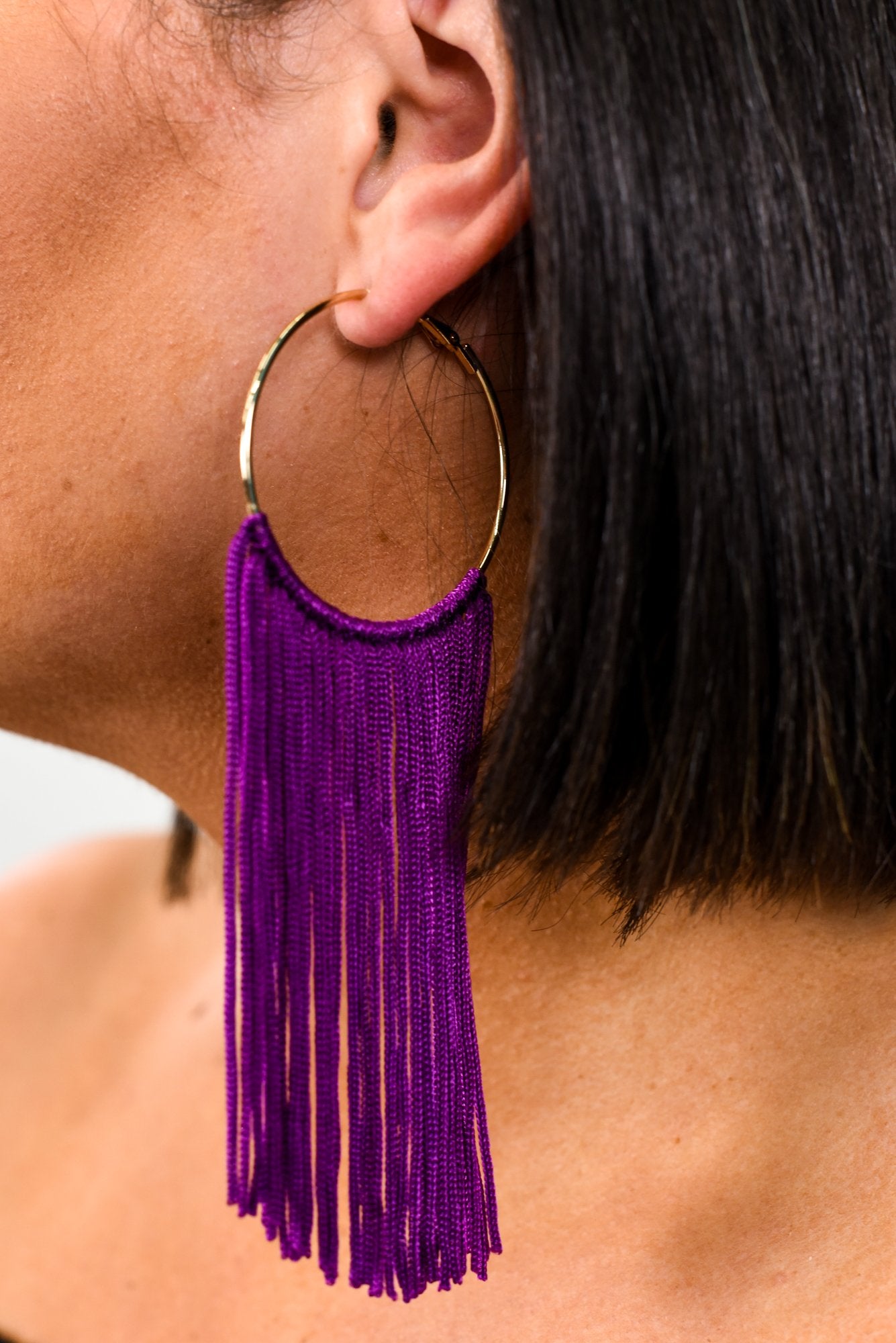 Long Purple Tassel Gold Hoop Earrings - EAR2304PU