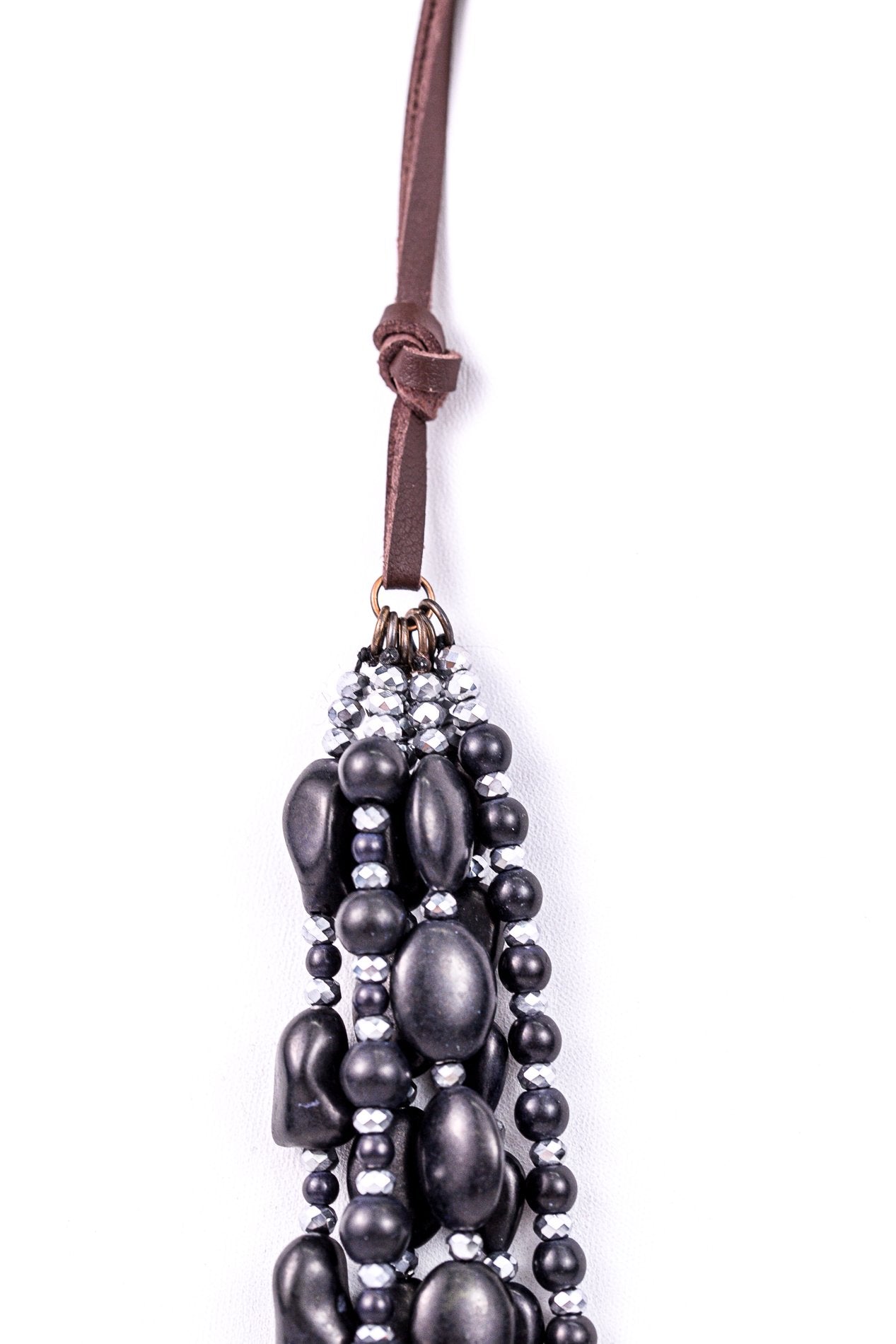 Black/Silver Multi-Layer Beaded On Brown Cord Necklace - NEK2721BK