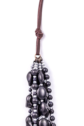 Black/Silver Multi-Layer Beaded On Brown Cord Necklace - NEK2721BK