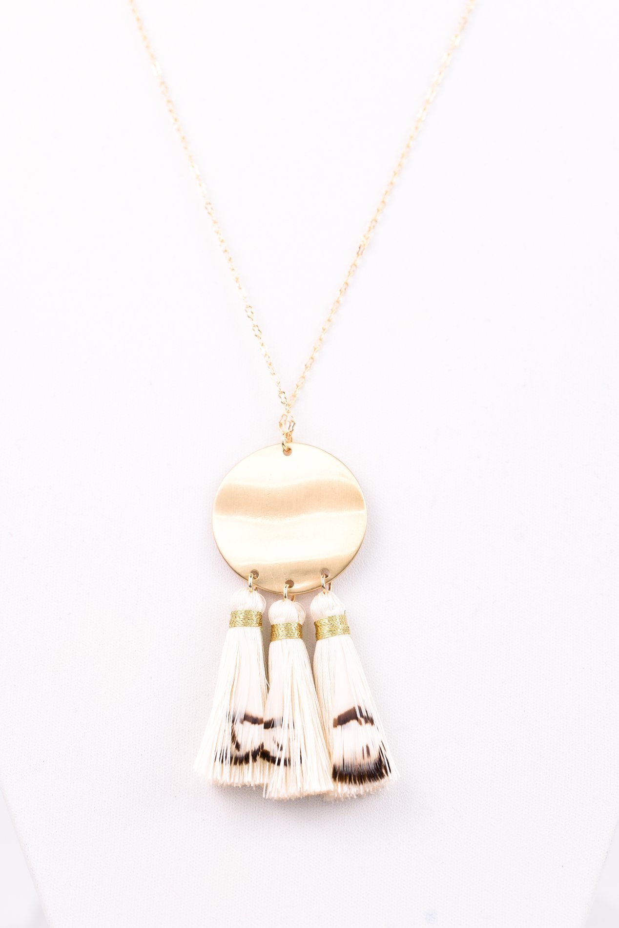 Gold Disc With Fringe/Feather Tassel On Gold Chain Necklace - NEK2807GO
