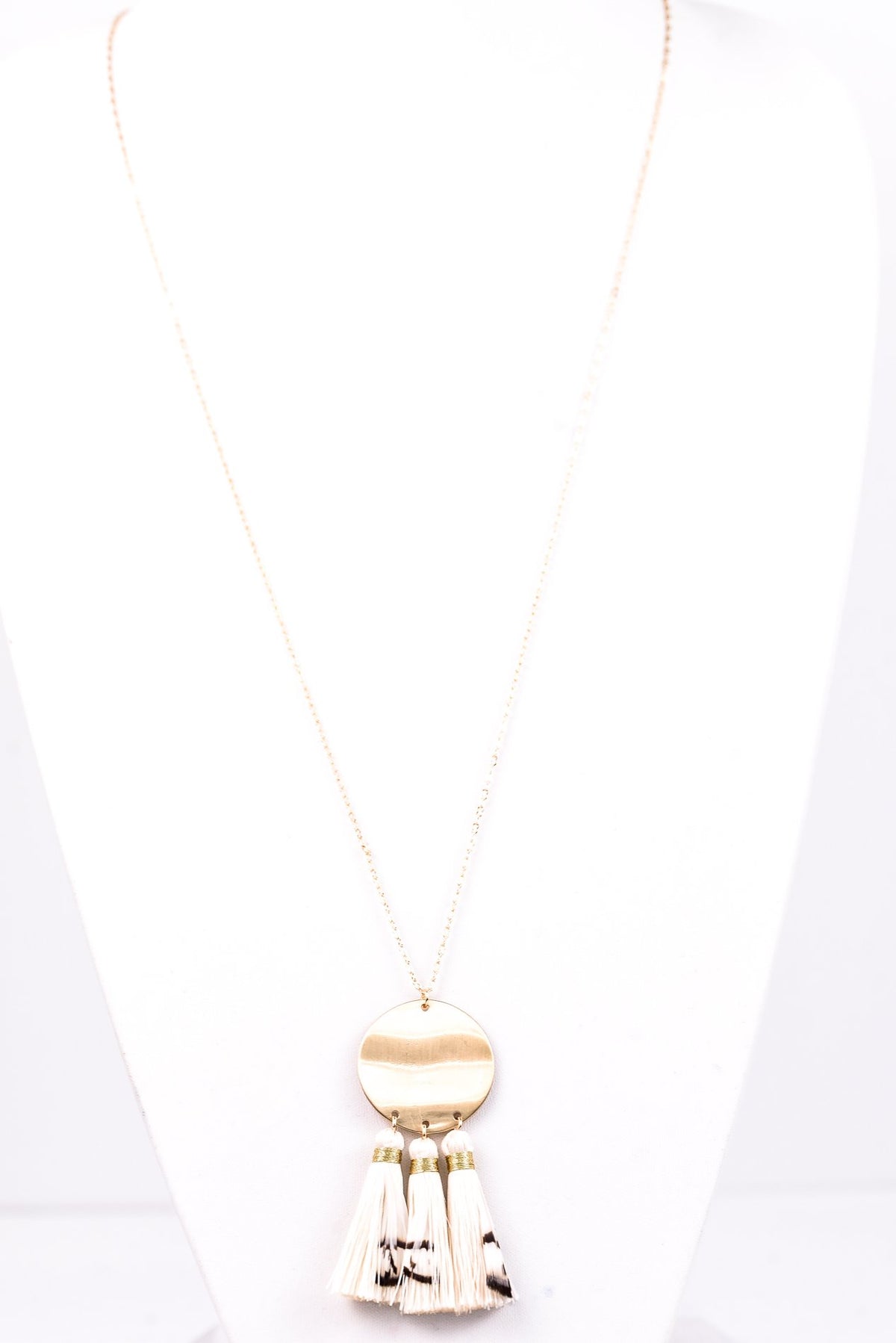 Gold Disc With Fringe/Feather Tassel On Gold Chain Necklace - NEK2807GO