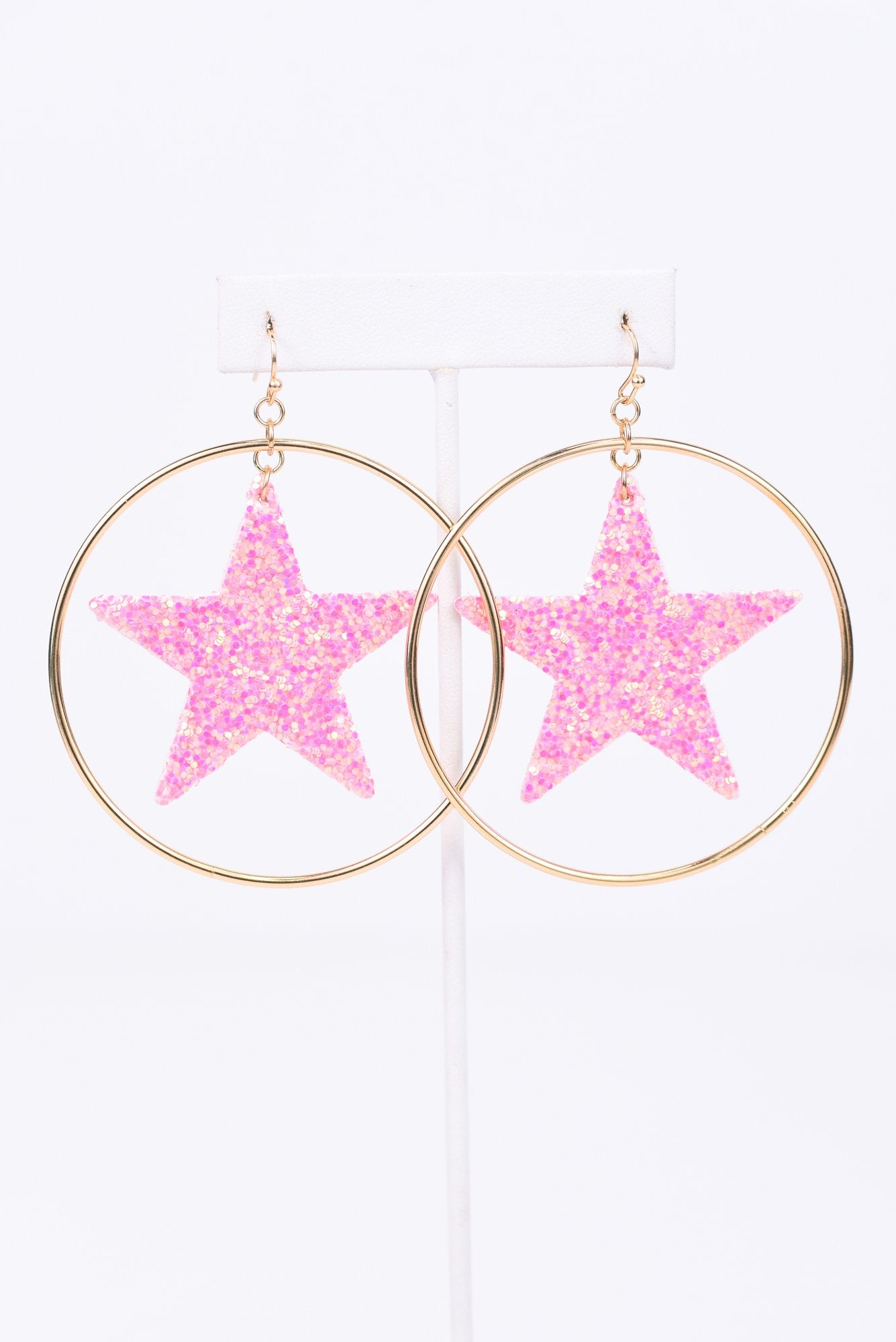 Pink Glitter Star Gold Hoop Earrings - EAR2614PK