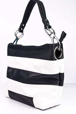 In Line With Style Black/White Striped Bag - BAG1333BK