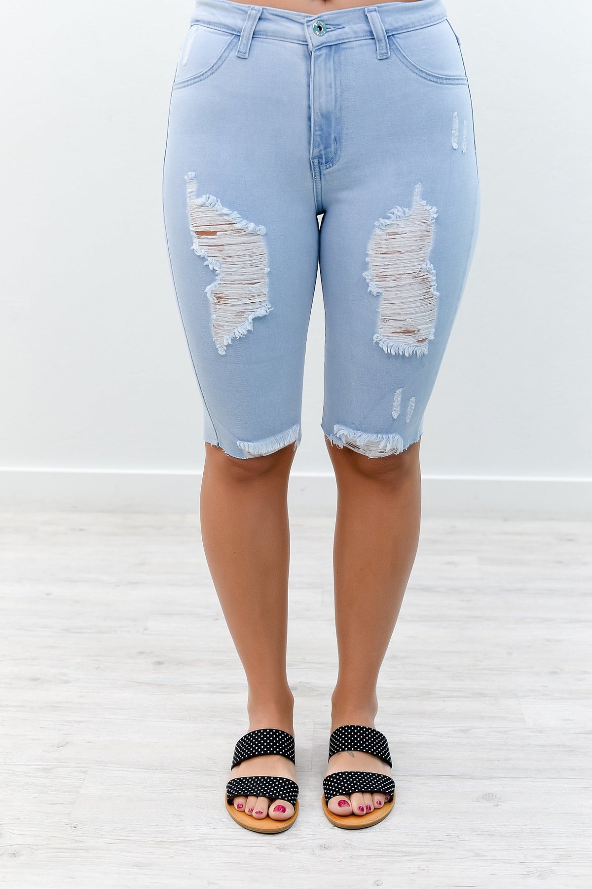 Can't Stop Now Light Denim Distressed Bermuda Shorts - I1184DN