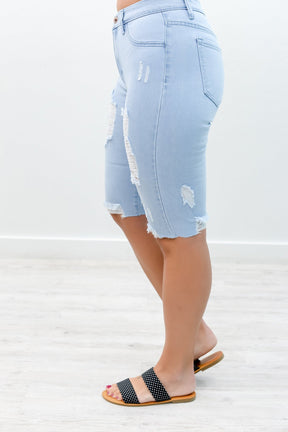 Can't Stop Now Light Denim Distressed Bermuda Shorts - I1184DN