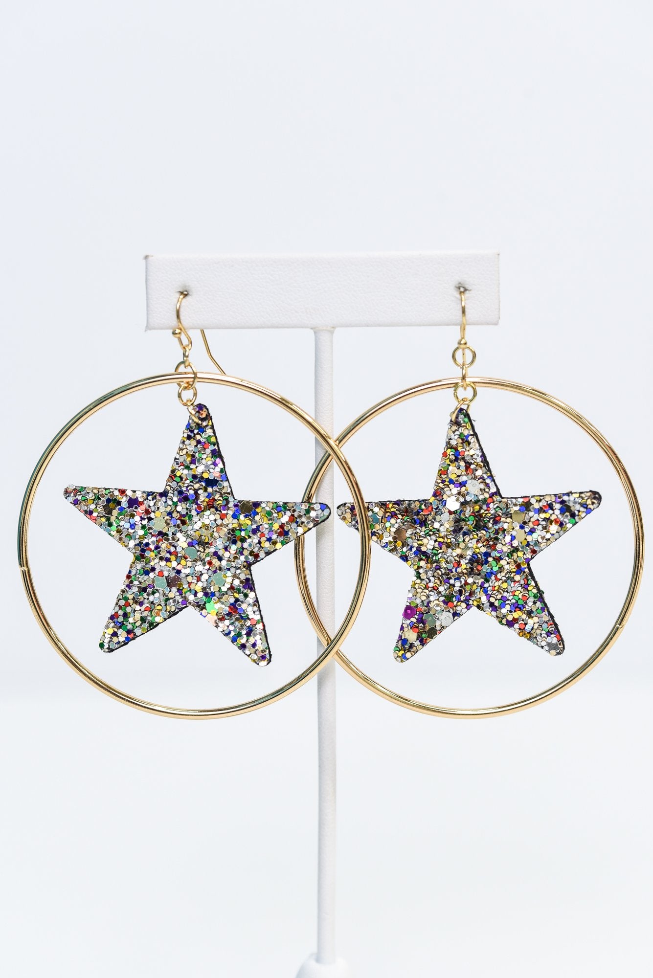 Silver/Multi Color Glitter Star Gold Hoop Earrings - EAR2954SI