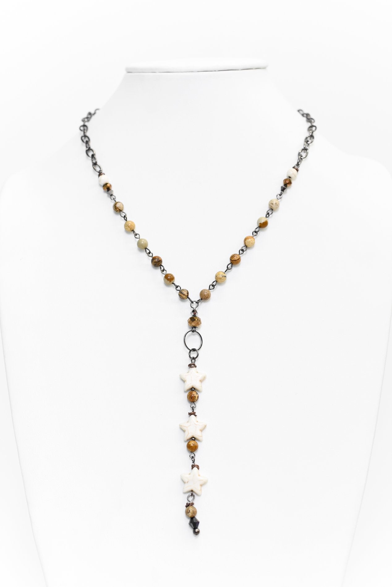 Brown Marble Beaded/Ivory Star Tassel On Platinum Chain Necklace - NEK3444BR