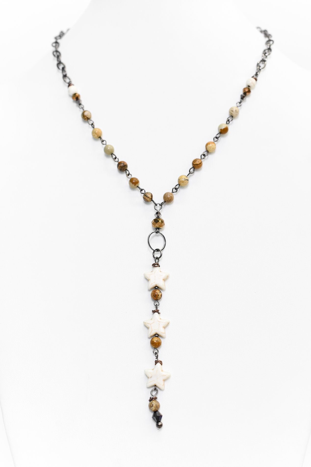 Brown Marble Beaded/Ivory Star Tassel On Platinum Chain Necklace - NEK3444BR