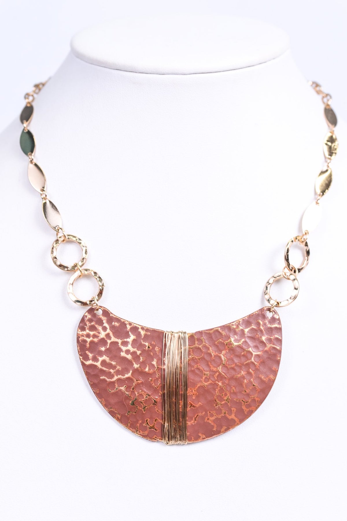 Gold/Brown Textured Wire Wrapped Pendant Necklace - NEK3471GO