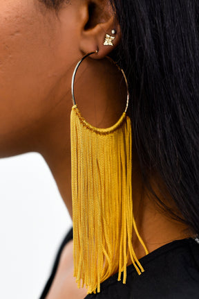 Long Dark Mustard Tassel Gold Hoop Earrings - EAR3078DMS