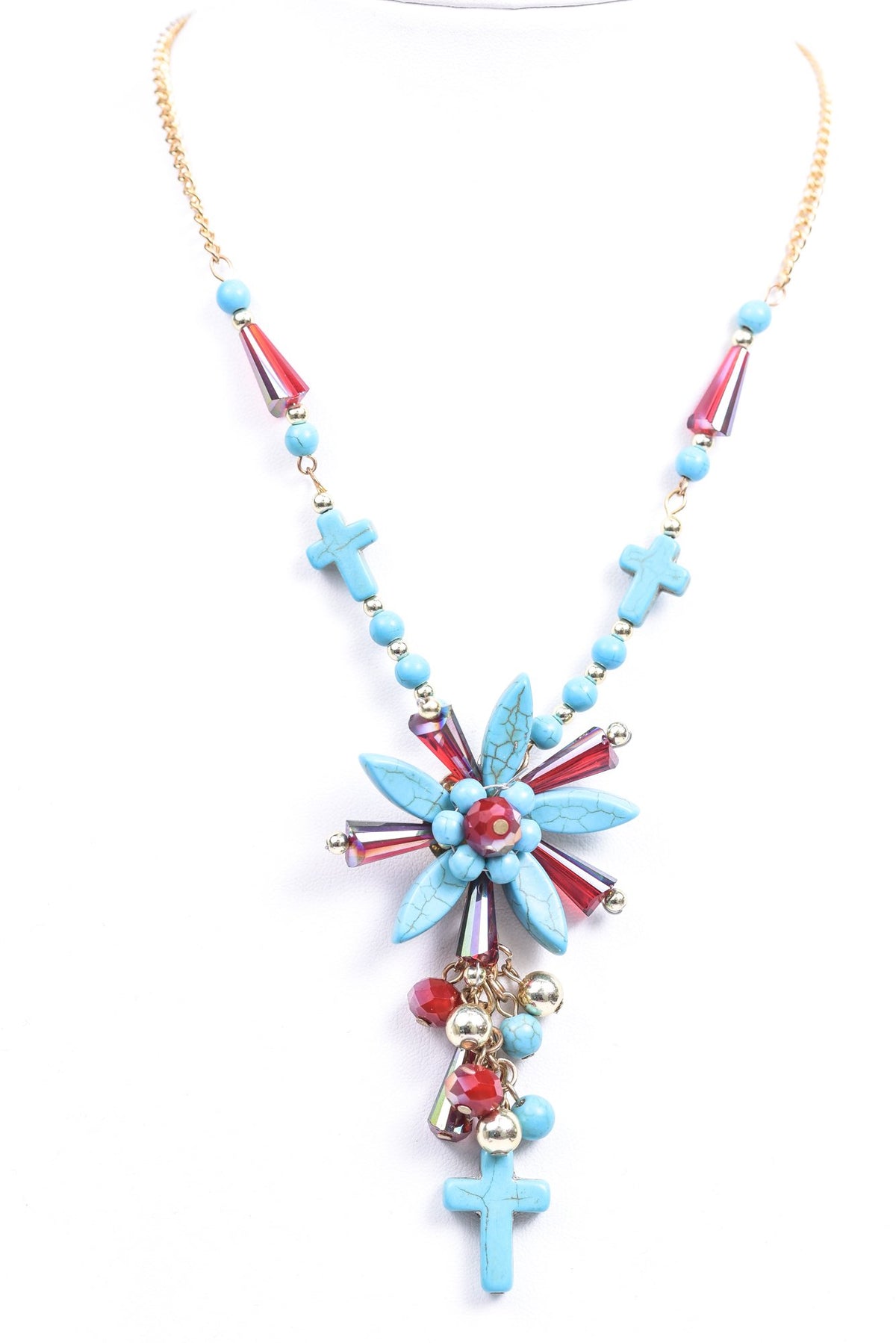 Gold/Turquoise/Red/Beaded/Flower/Cross Necklace - NEK3871GO