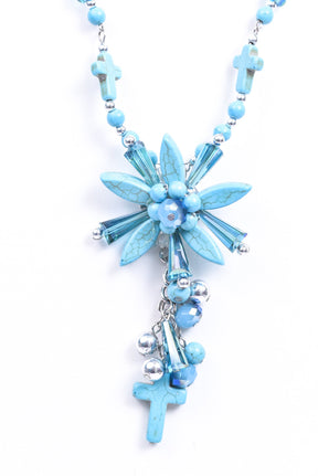 Silver/Turquoise/Blue/Beaded/Flower/Cross Necklace - NEK3870TSI