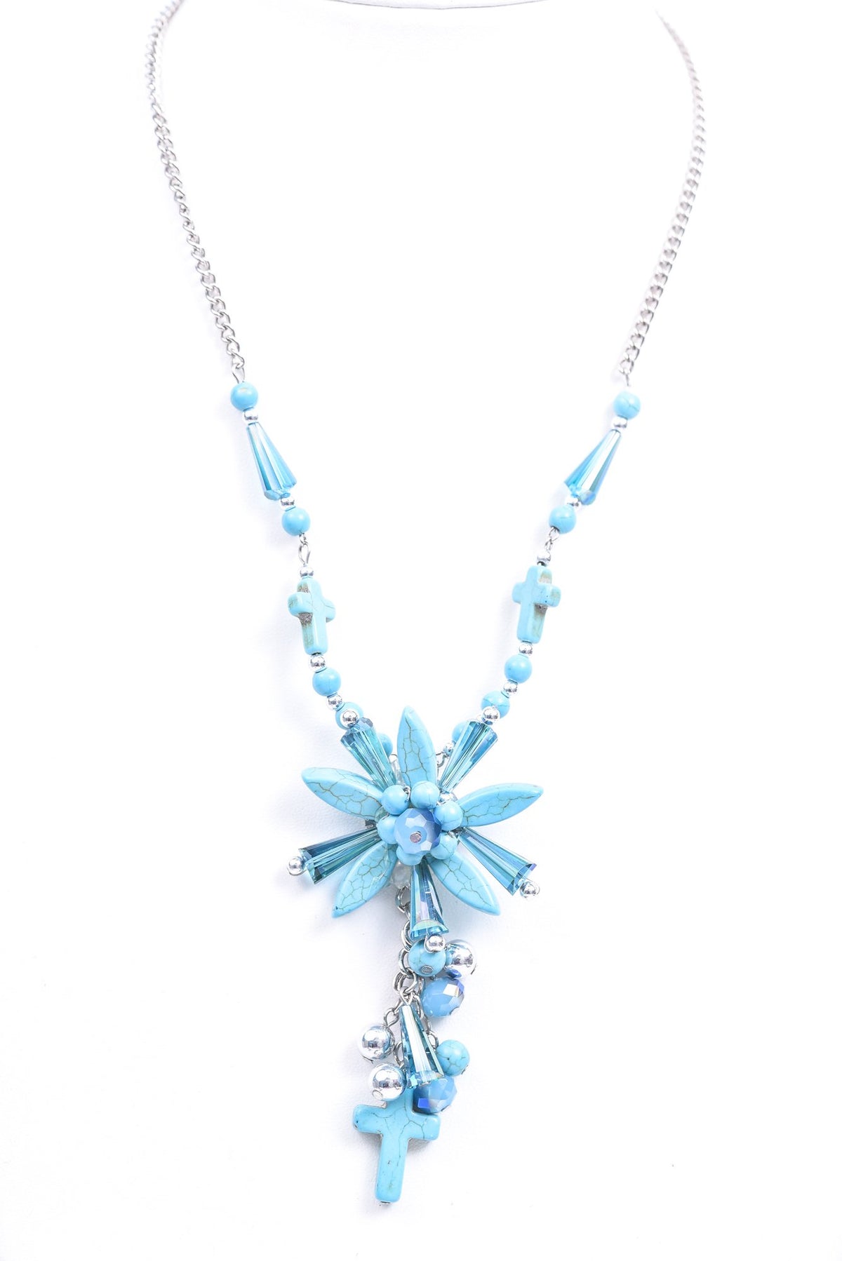 Silver/Turquoise/Blue/Beaded/Flower/Cross Necklace - NEK3870TSI