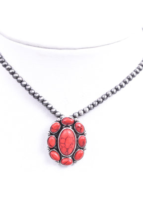 Red/Gray Beaded/Marble Stone Pendant/Choker Necklace - NEK3881RD