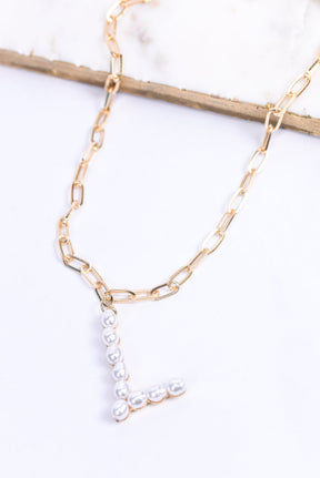 Gold/Pearl/Chain Linked Letter Necklace - NEK3895GO