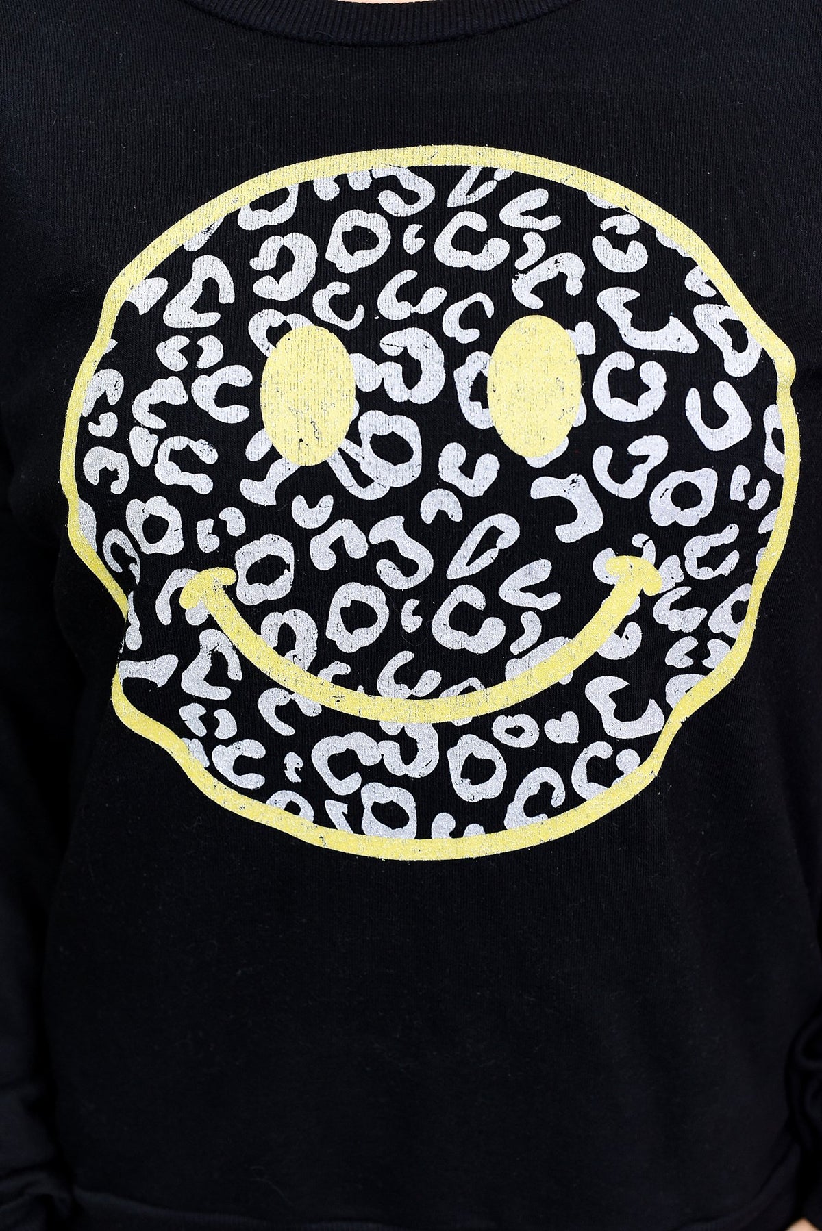Always Stay Smiling Black Leopard/Smiley Face Printed Graphic Sweater - A1550BK