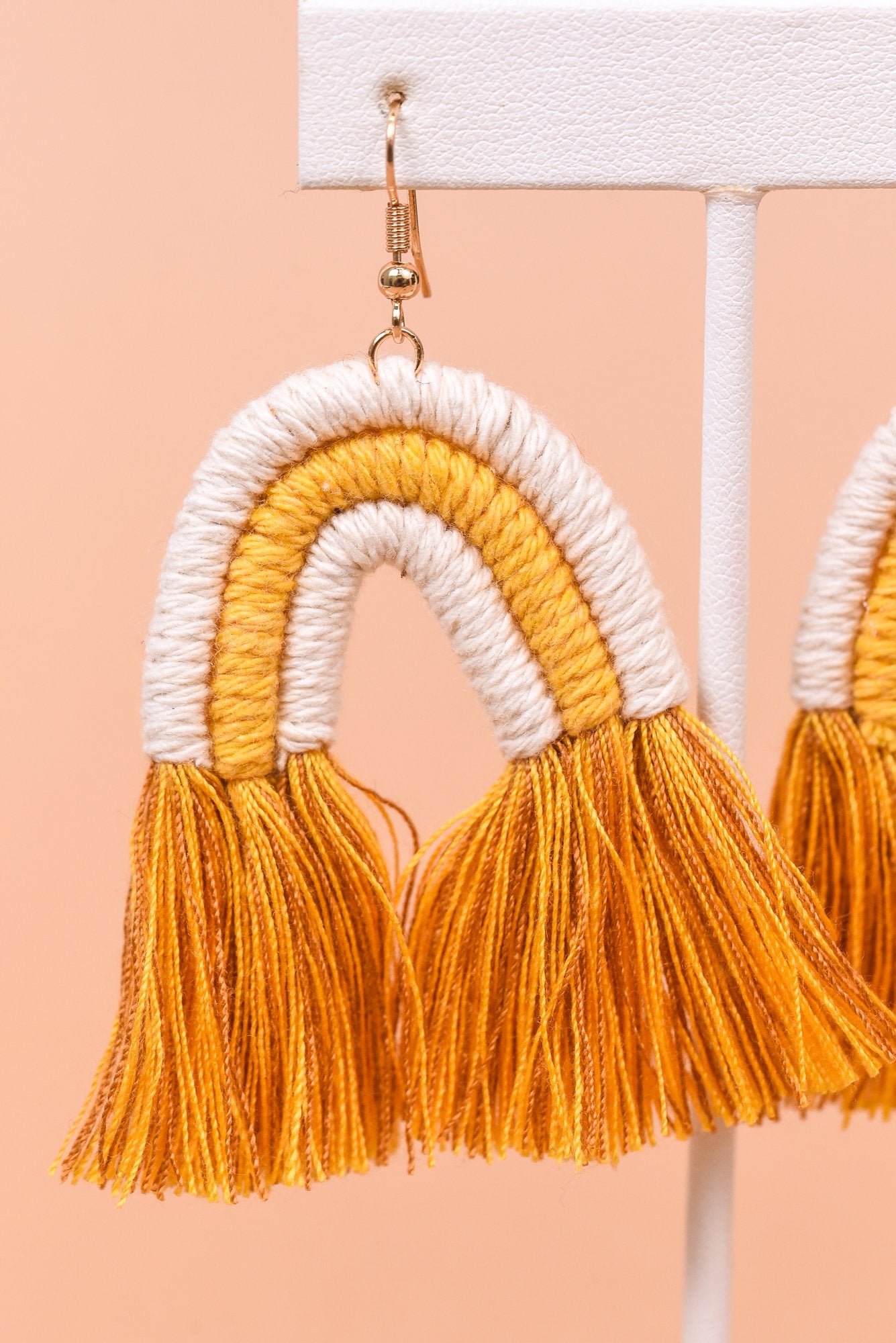 White/Mustard/Macrame Arch/Tassel Earrings - EAR3658MU