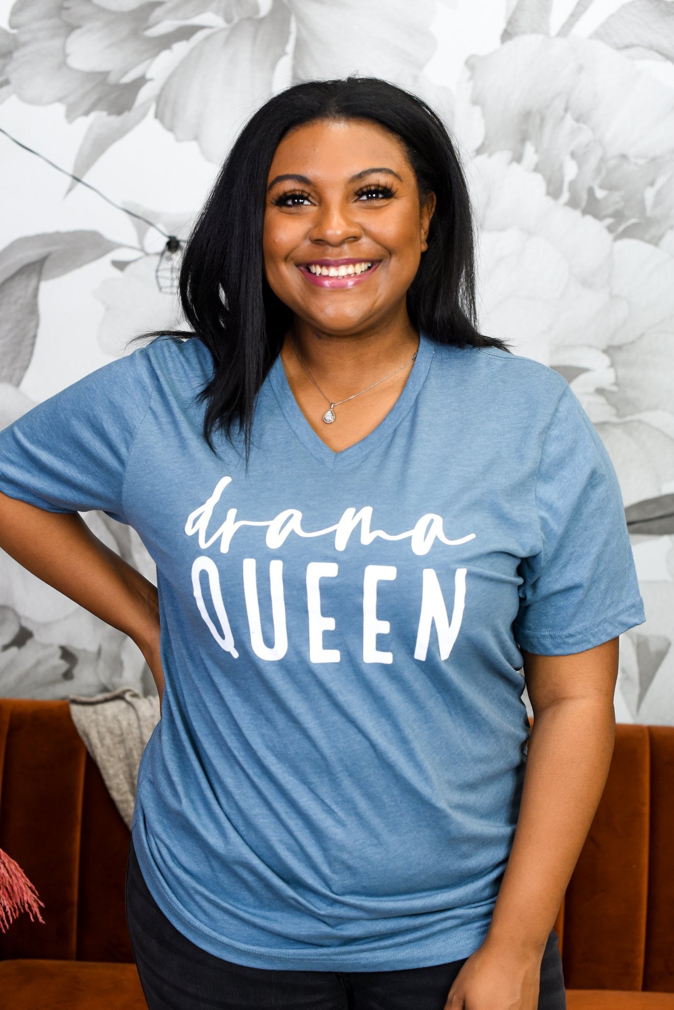 Drama Queen Heather Slate V Neck Graphic Tee - A1542HSL