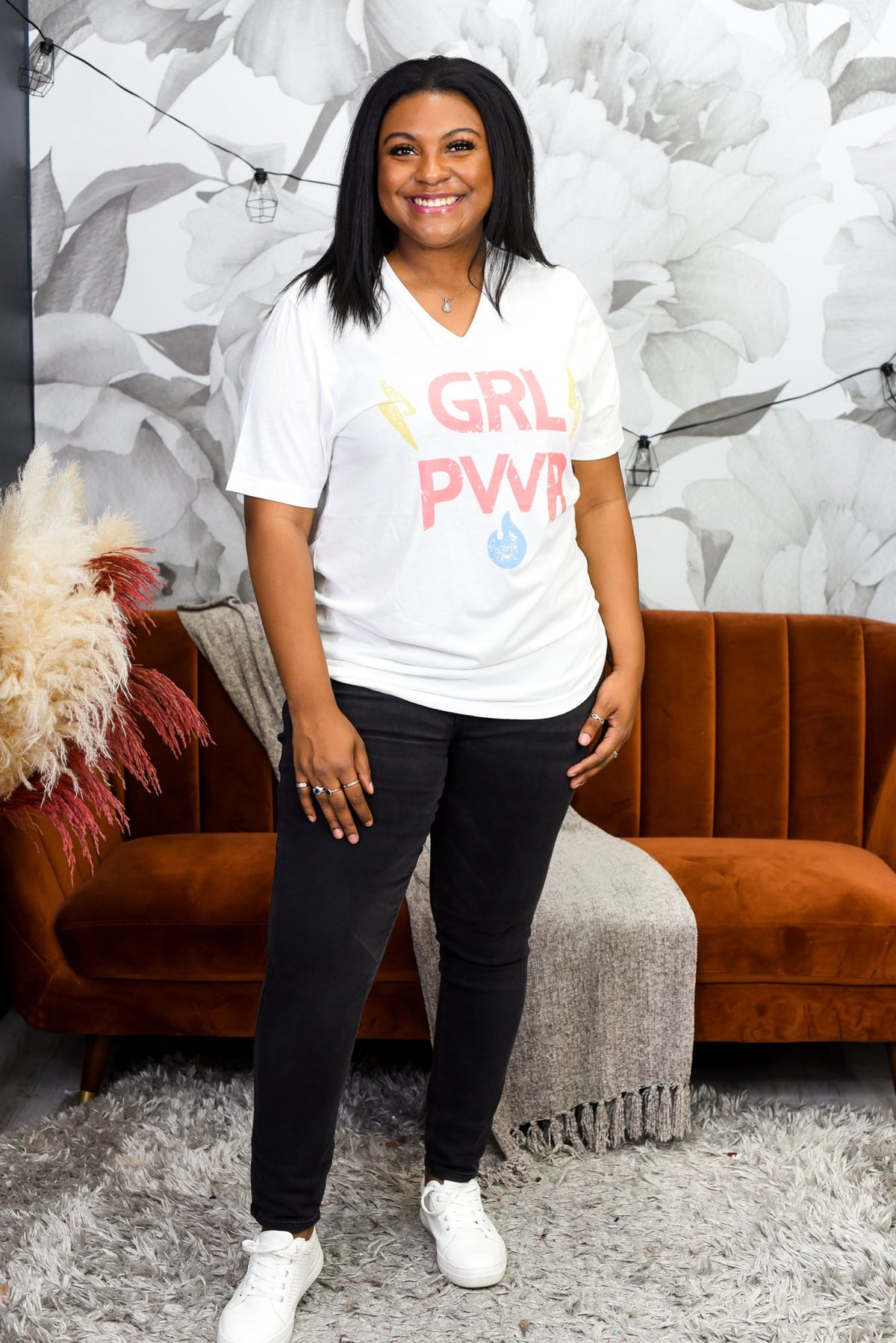 GRL PWR White V Neck Graphic Tee - A1638WH