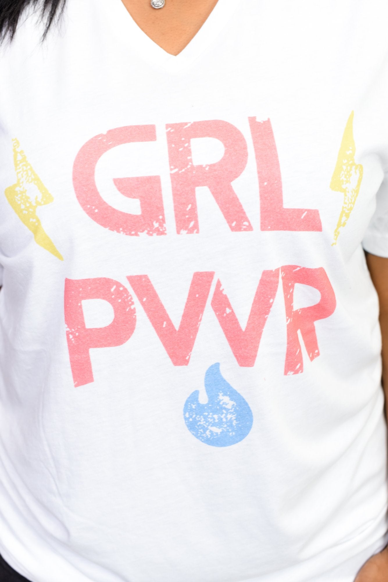GRL PWR White V Neck Graphic Tee - A1638WH