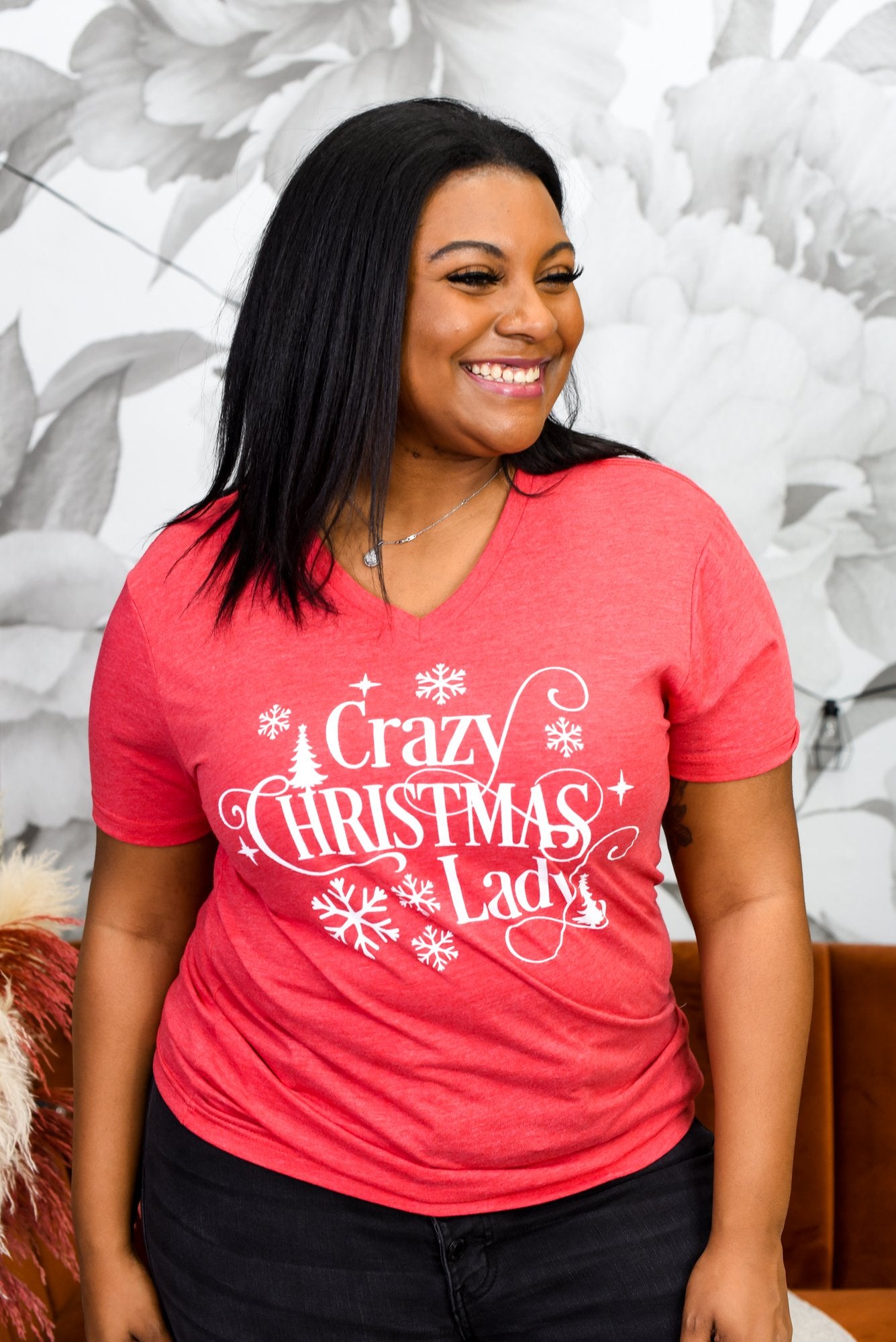 Crazy Christmas Lady Vintage Red V Neck Graphic Tee - A1746VRD