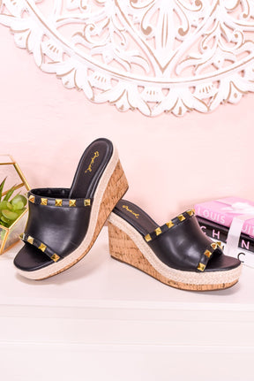 Clearly A Vibe Black/Gold Studded Espadrille Wedges - SHO2300BK