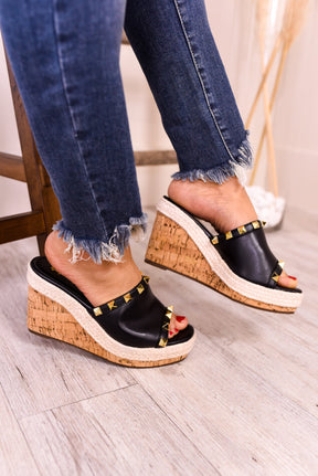 Clearly A Vibe Black/Gold Studded Espadrille Wedges - SHO2300BK